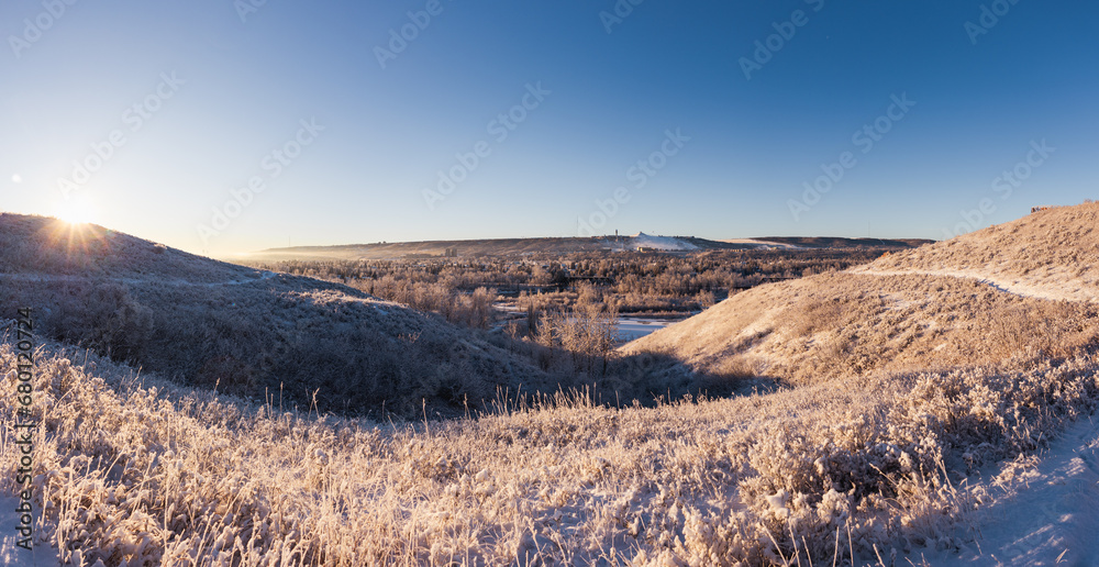 Snowy panorama at Bowmont Park on a clear winter morning