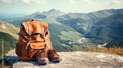 hiker in the mountains, a traveler's fashionable backpack with modern hiking boots on a scenic mountain trail background.