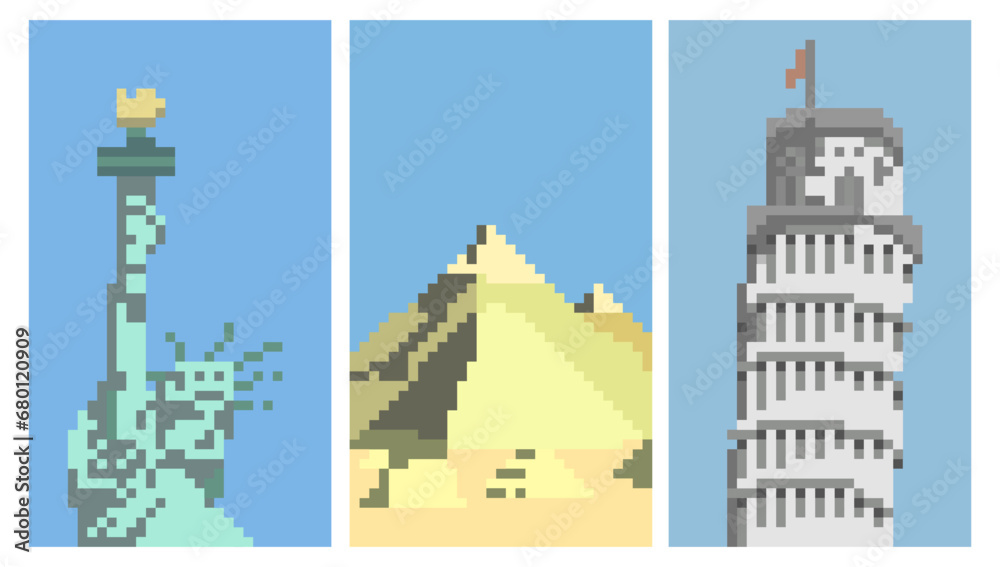 pixel art vertical 7 wonder of the world, statue of liberty, pyramid of Giza and pizza tower italy background decoration