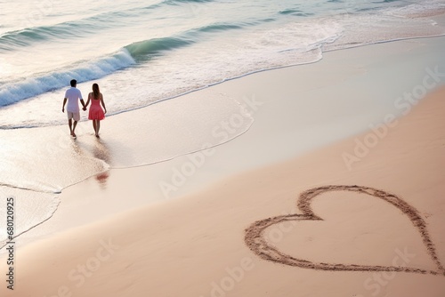 Couple Walking Near Heart Drawn on Beach

