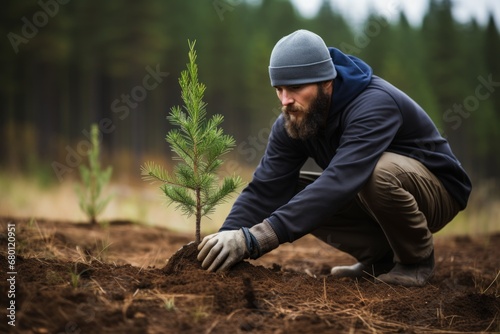Man in blue jeans planting a small, green, needle tree outdoors. The man plants a tree in the forest to help nature.