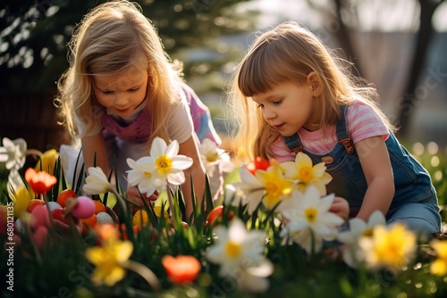Spring Delight: Playful Easter Egg Hunt amidst Vibrant Flowers and Joyful Children