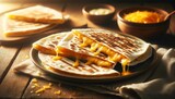 High-quality image of quesadillas with tortillas filled with melted cheese, possibly with meat or vegetables, in a warm setting.
