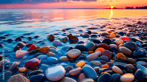 Multi-colored wet pebbles on the seashore against beautiful sunset.