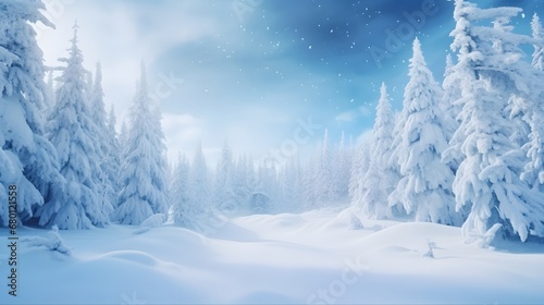 Snowfall in winter forest.Beautiful landscape with snow covered fir trees and snowdrifts.Merry Christmas and happy New Year greeting background with copy-space.Winter fairytale.  © Ziyan Yang