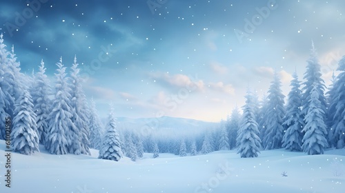 Snowfall in winter forest.Beautiful landscape with snow covered fir trees and snowdrifts.Merry Christmas and happy New Year greeting background with copy-space.Winter fairytale. 