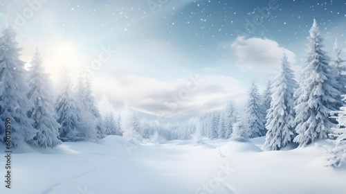Snowfall in winter forest.Beautiful landscape with snow covered fir trees and snowdrifts.Merry Christmas and happy New Year greeting background with copy-space.Winter fairytale.  © Ziyan Yang