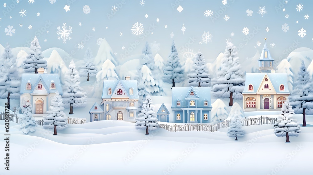 Winter background. Christmas village. Seamless border. Fairy tale winter landscape. White houses, fir trees on light blue background. Vector illustration