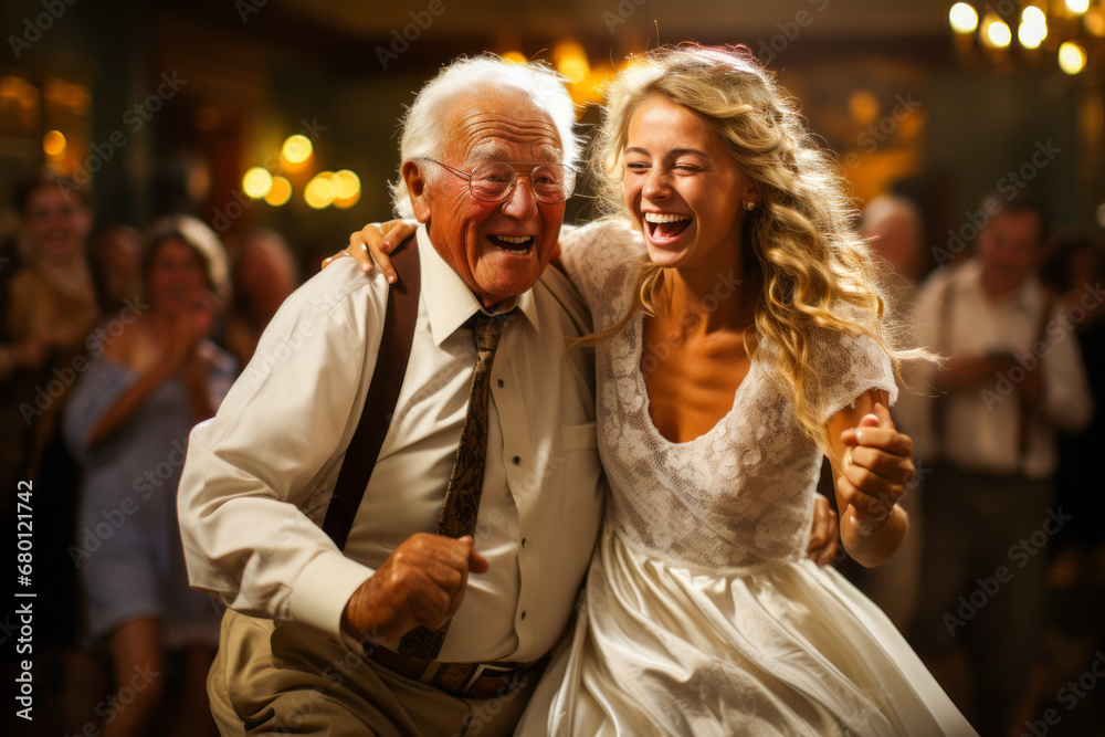 Young bride and elderly groom dancing joyfully at their wedding.