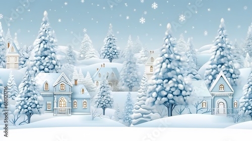 Winter background. Christmas village. Seamless border. Fairy tale winter landscape. White houses, fir trees on light blue background. Vector illustration © Ziyan Yang