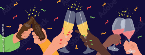 Men and women clinging glasses with alcoholic drinks. Christmas party celebration  together. Vector horizontal illustration