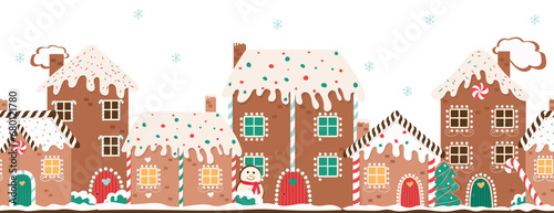 Gingerbread houses christmas border. Horizontal vector illustration for winter holidays. Gingerbread house day