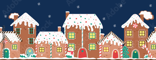 Horizontal vector illustration for winter holidays. Gingerbread house day. Gingerbread houses night christmas border.