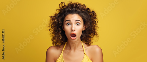 Portrait of young woman with a surprised facial expression. Skin care beauty, skincare cosmetics, dental concept, yellow background. 