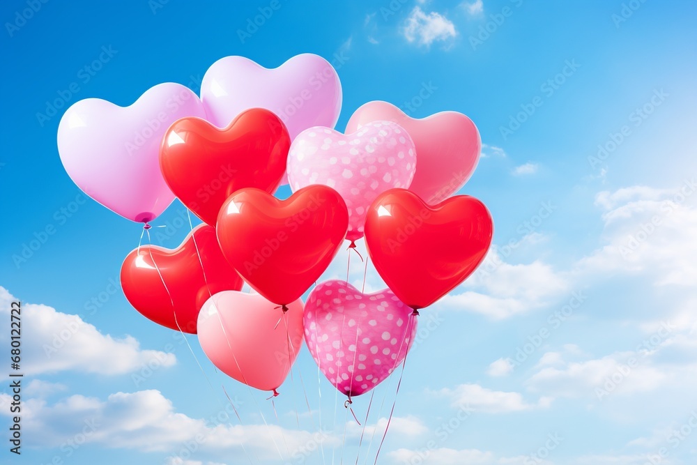 Love in the Air: Heart-Shaped Balloons Ascending into Serene Blue Sky