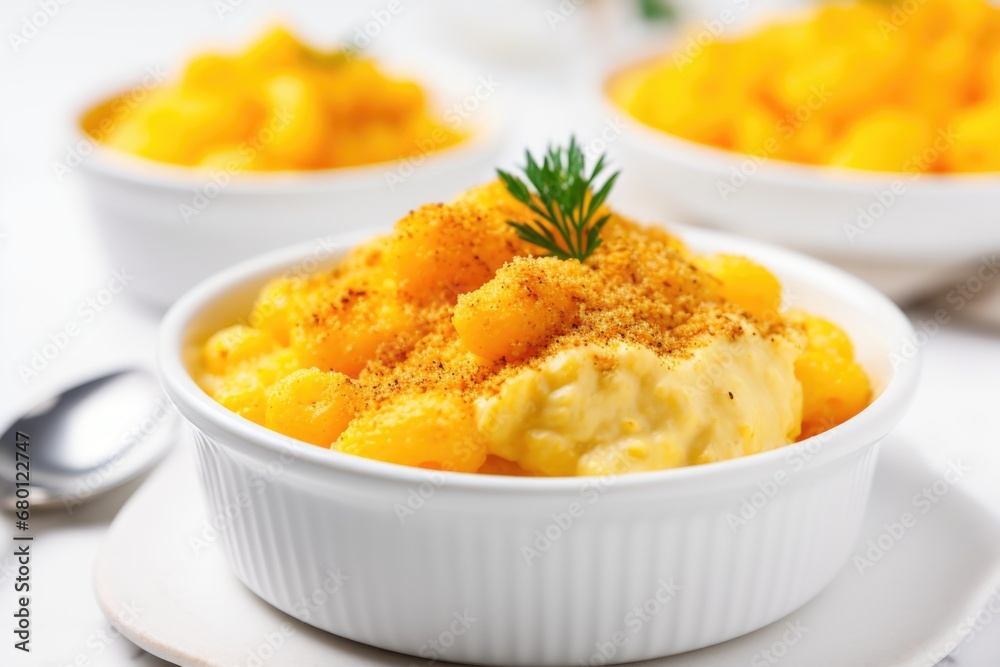 A white bowl filled with macaroni and cheese A white bowl filled with macaroni and cheese