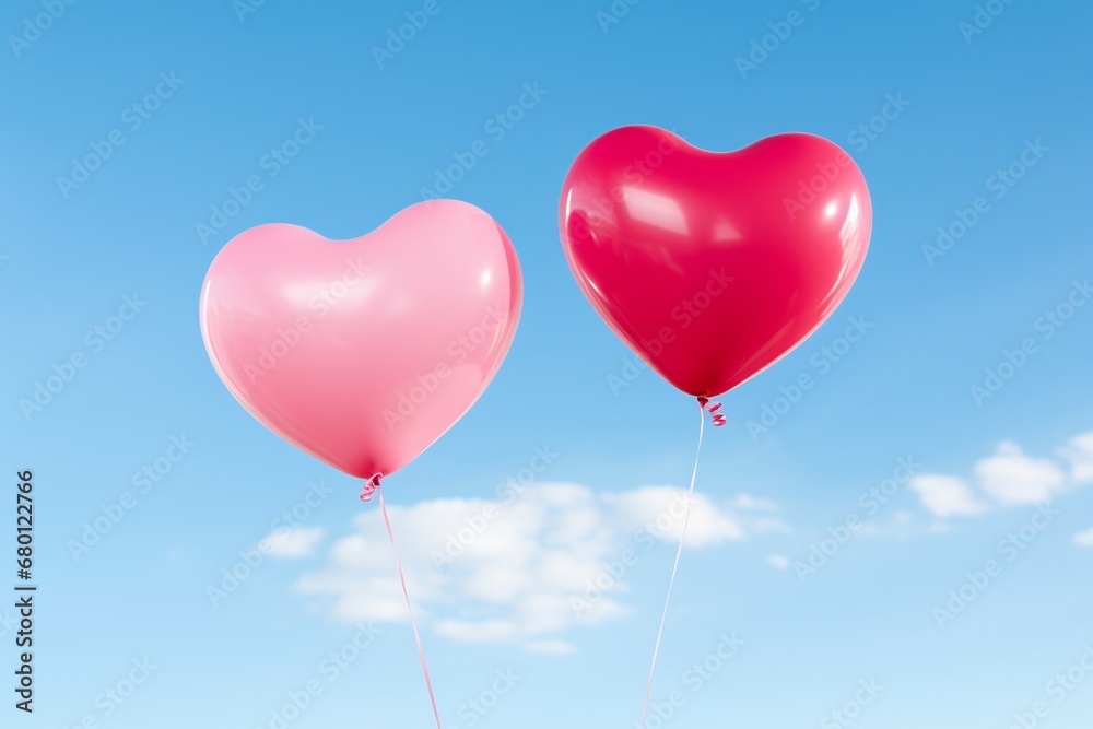 Love in the Air: Heart-Shaped Balloons Ascending into Serene Blue Sky