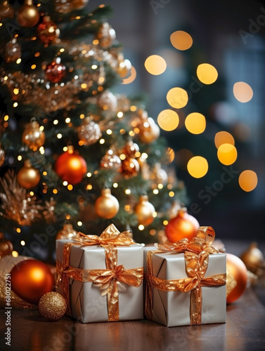 Christmas gifts with gold ribbons on the background of a beautiful fir tree with lights and garlands. New Year's Eve Illustration With Flares And Defocus Highlights And Lights, Space For Copy