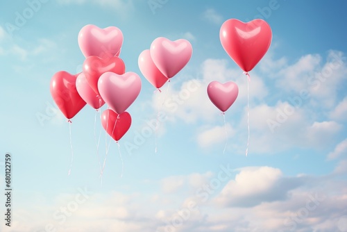 Love in the Air: Heart-Shaped Balloons Ascending into Serene Blue Sky