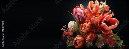 Bouquet of flowers on dark background with empty space generated AI