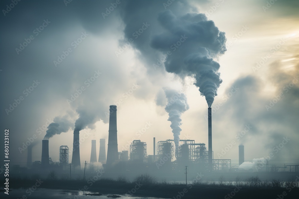 Industrial Smokestacks Polluting Skyline

