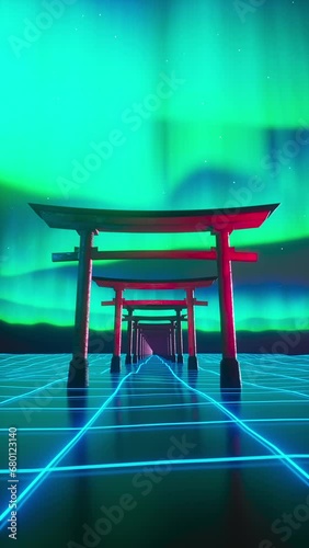 Japanese torii gates illuminated by neon. Vj loop