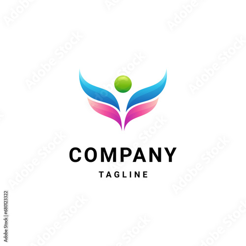 Person with Wings Logo Concept. Freedom or human logo symbolizing success and happiness for yoga or charity in colorful gradient design style