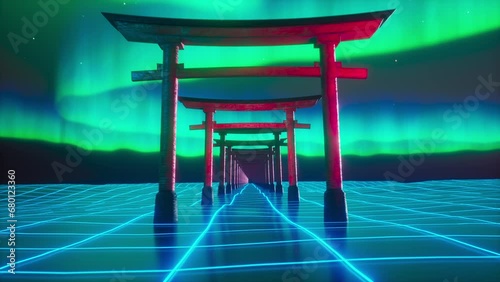 A neon torii gate corridor against an aurora and digital grid. Vj loop