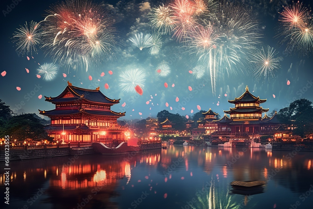Fireworks Display Over Traditional Pagoda

 - obrazy, fototapety, plakaty 