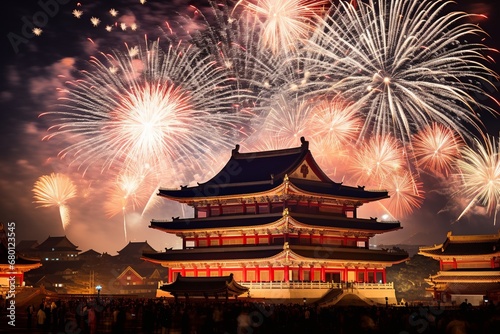 Fireworks Display Over Traditional Pagoda
