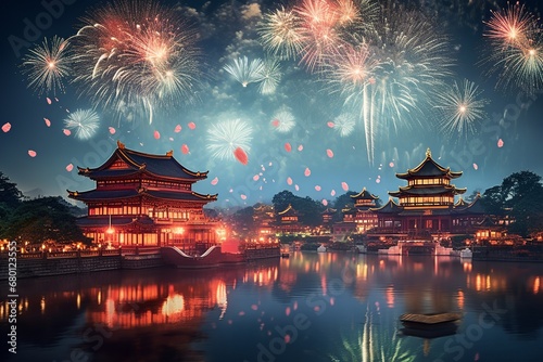 Fireworks Display Over Traditional Pagoda

