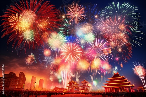 Fireworks Display Over Traditional Pagoda