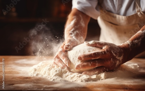A baker's hands dusted with flour while kneading dough on a wooden surface