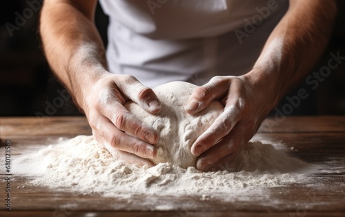 A baker's hands dusted with flour while kneading dough on a wooden surface © Andrus Ciprian