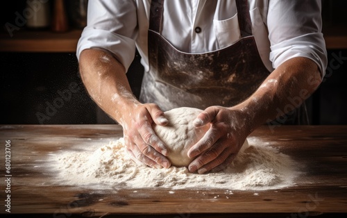 A baker's hands dusted with flour while kneading dough on a wooden surface © Andrus Ciprian