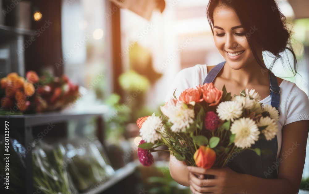 young beautiful woman selling flowers in a flower shop