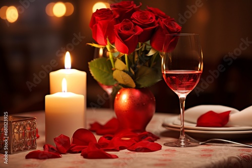 Romantic Valentine's Day Dinner for Two with Candles and Roses
