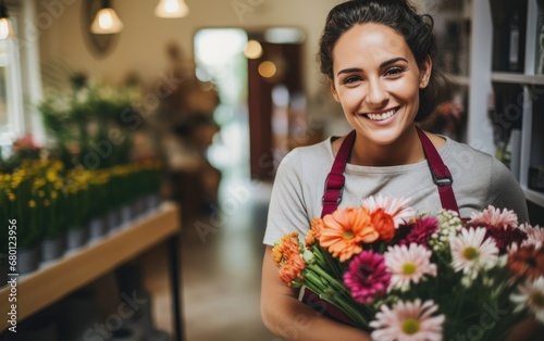 young beautiful woman selling flowers in a flower shop