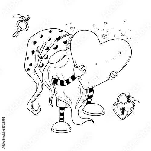 Vector illustration of cartoon gnome for Valentines day in doodle style