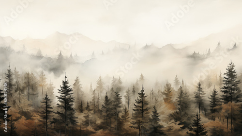 fog in the mountains  misty morning in the mountains  Boho Chic Pines Forest Mountains Landscape vector illustration