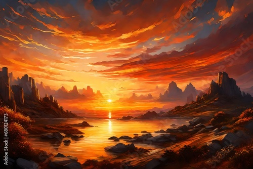 A detailed HD image portraying the majestic allure of a sunset, casting a golden glow across the sky as the sun dips below the horizon, painting the heavens in a mesmerizing display,