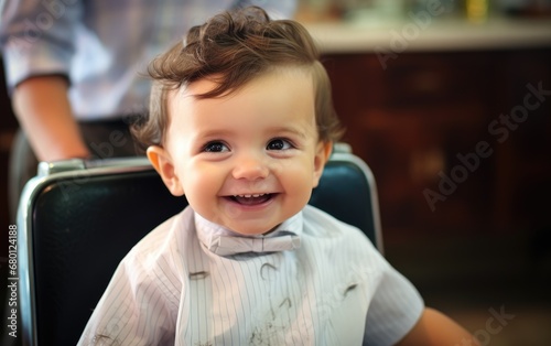 Happy smiling modern stylish toddler child getting his first haircut