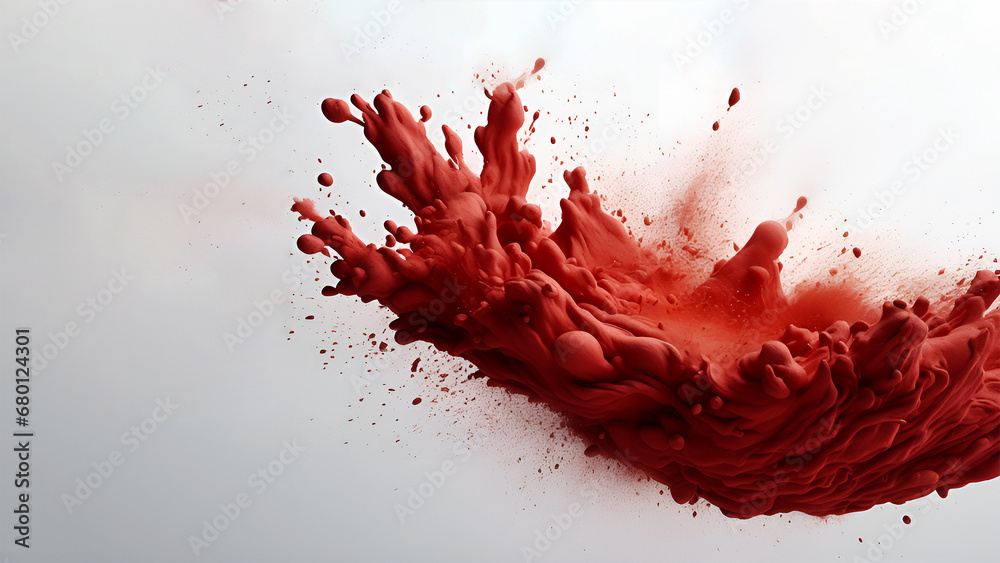 Dry red paints in the air. Splashes on a white background.