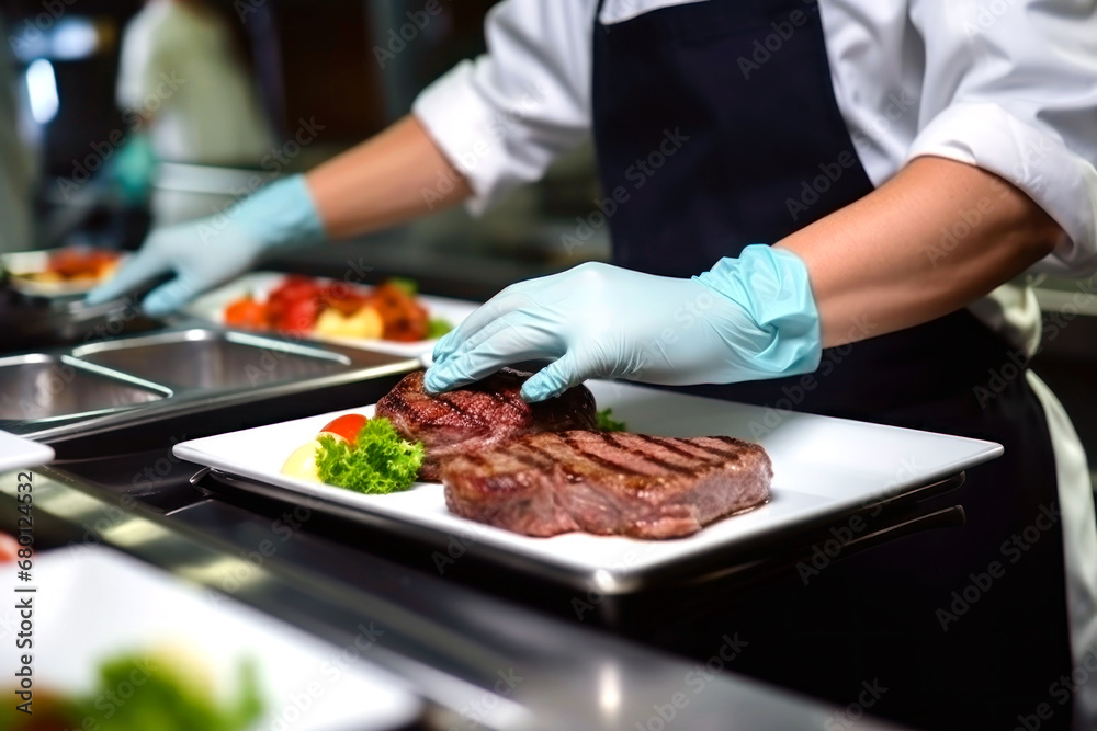 A chef wearing gloves decorates and garnishes a steak with a vegetable garnish