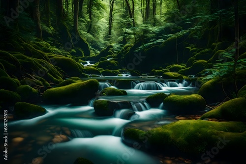 A detailed HD image showcasing the raw elegance of nature  with a crystal-clear stream flowing through a forested landscape  capturing the unblemished tranquility of the natural environment 