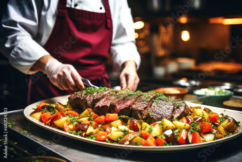 A chef decorates and garnishes a steak with a vegetable garnish