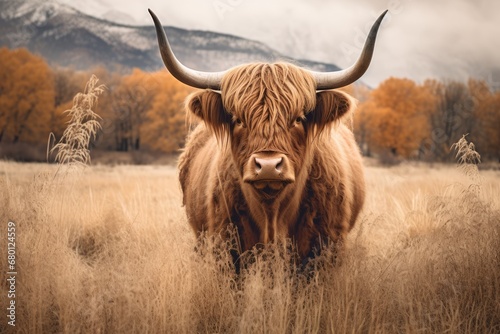 majestic highland cow grazing , a rustic Montana backdrop © Andrus Ciprian