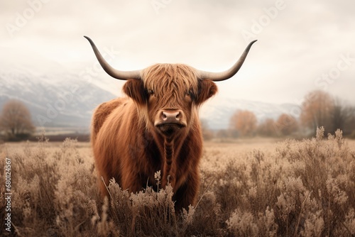 majestic highland cow grazing , a rustic Montana backdrop
