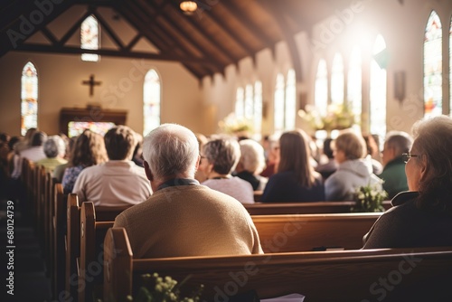 Congregation at a Sunlit Church Service

