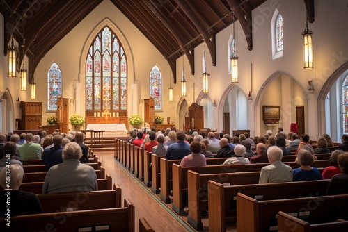 Congregation at a Sunlit Church Service

